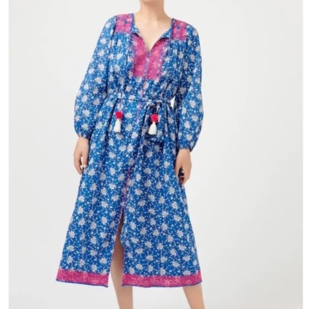 J. Crew Blue Floral Embroidered Cotton Midi Dress Small Pom Pom Tassel